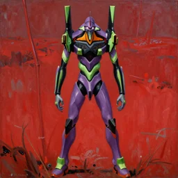 impressionist painting of Evangelion Unit 01 standing in a red field