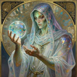 a mystical digital illustration of a fortune - teller gypsy man with a crystal ball in his hand, iridescent scaled skin, refraction and reflections, translucent, shawl, robes, scarf, artstation, painting by alphonse mucha and bouguereau and ruan jia and conrad roset