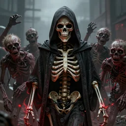 a dark hooded skeletal figure, behind zombies, with red magic streaks, hd, digital art, photorealistic, by anson maddocks