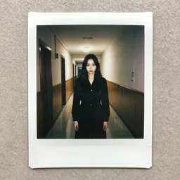 polaroid coloured photo of a sanatorium corridor with a possessed woman in black