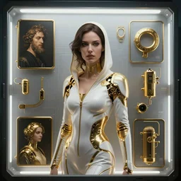 beauty woman wrapped in white and gold, Blade runner artifacts, electronic case display, cyberpunk tech, ultrarealistic, futuristic, back lit, dramatic lighting, electrical details, high details, 4k, 8k, best, accurate, trending on artstation, artstation, photorealism, ultrarealistic, digital painting, style of Peter Mohrbacher, Caravaggio, Caravaggio, Boris Vallejo, Hajime Sorayama