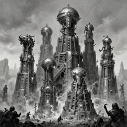 b & w inks of 4 character, tiered flayed god machines, cluster tiered heirarchy, battle chaos, mainframe hydrocracking battles, medical chromed, dystopian, by wayne d barlowe, h r giger, simon bisley, alex nino, boris vallejo, enric torres, hyper realism, narrative light, muted colors, epic, hyper detailed, awe inspiring,