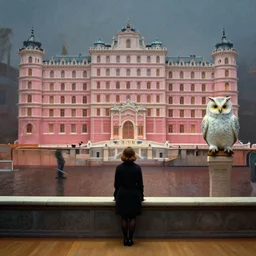 a lonely woman and her owl inspired by edward hopper and grand budapest hotel
