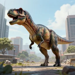 shot of big dinosaur roaming through a city, detailed, unreal engine