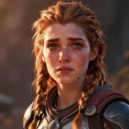 portrait of crying Aloy from Horizon: Zero Dawn, comic book illustration, by John Kirby