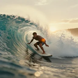 a 2 8 mm macro photo of a surfer inside a curling wave, splash art, movie still, bokeh, canon 5 0 mm, cinematic lighting, dramatic, film, photography, golden hour, depth of field, award - winning, anamorphic lens flare, 8 k, hyper detailed, 3 5 mm film grain, hazy