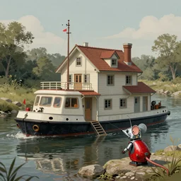 adventurer ( ( ( ( ( 1 9 5 0 s retro future robot android mouse large house barge boat rv tug boat calm stream. muted colors. ) ) ) ) ) by jean baptiste monge!!!!!!!!!!!!!!!!!!!!!!!!! chrome red