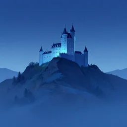 castle on the top of a mountain, blue light, blue tones. by henriette ronner - knip, by william henry hunt, by rembrandt, by joseph mallord william turner, by konstantin razumov, concept art, explosive sun