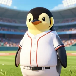 beautiful portrait of a female anthropomorphic emperor penguin fursona wearing a baseball uniform. baseball stadium background. character design by disney, charlie bowater, ross tran, artgerm, and makoto shinkai, detailed, soft lighting, rendered in octane