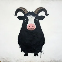 minimalist splatter paint of a anthropomorphic druid with cow ears pig nose chicken feathers sheep horns on a mural wall