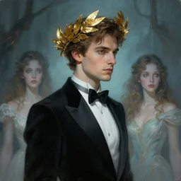 a masculine elegant man from sideview and wearing golden laurel wreath, ethereal horror fantasy art by greg rutkowski and magali villanueve and monet con
