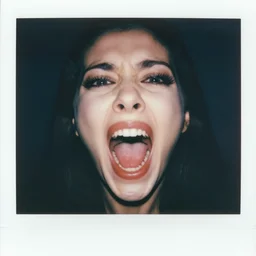 eyes peering from inside mouth. portrait of a screaming women. hq photo, surreal, harsh lighting. polaroid type 6 0 0. fear. unnerving. menacing. supernatural