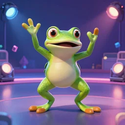 Frog dancing at a disco in the style of Pixar, promo shoot, studio lighting