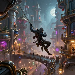 An epic fantasy comic book style landscape painting of a thief using ropes to swing around an underground vibrant steampunk city with walkways and bridges, unreal 5, DAZ, hyperrealistic, octane render, dynamic lighting