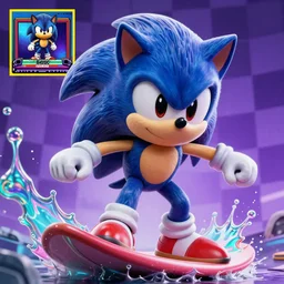 sonic closeup surreal, sharp, detailed professional, high quality portrait sonic airbrush art MGMT album cover portrait of a liquid dissolving LSD DMT sonic the hedgehog surfing through cyberspace, purple checkerboard background, 1990s 1992 Sega Genesis video game album cover