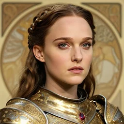 head and shoulders portrait of a female knight, young natalie portman, golden etched armor, lord of the rings, celtic hair braid, eldritch ruby amulet, by artgerm, alphonse mucha, face detail, sharp focus, high key lighting, vogue fashion photo