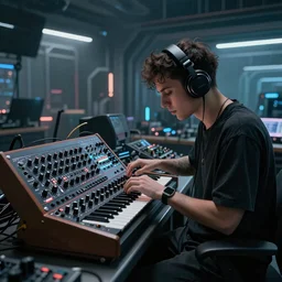 dubstep dj flux pavilion in a futuristic high tech music synthesizer laboratory, modular synth, cinematic lighting, trending on artstation, 4k, hyperrealistic, focused, extreme details, unreal engine 5, cinematic, masterpiece