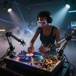 a black woman wearing goggles and visor and headphones using an intricate clockwork record player turntable contraption, robot arms, turntablism dj scratching, intricate planetary gears, smoky atmosphere, cinematic, sharp focus, led light strips, bokeh, iridescent, black light, fog machine, hazy, lasers, spotlights, motion blur, color