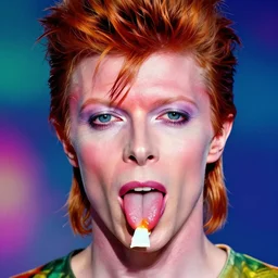 a colorful vibrant closeup portrait of David Bowie licking a tab of LSD acid on his tongue and dreaming psychedelic hallucinations, by kawase hasui, moebius, Edward Hopper and James Gilleard, Zdzislaw Beksinski, Steven Outram colorful flat surreal design, hd, 8k, artstation