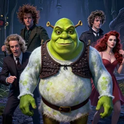 portrait of shrek, long bleached brunette hair, richard avedon, martin schoeller, id magazine, epic lovecraft scene, surreal, david cronenberg, kilian eng vibrant colours, billowing, dramatic, dynamic lighting, intricate, detailed, beksinski, dan mumford, artstation, greg rutkowski, sharp focus, motion, photoreal, 8 k