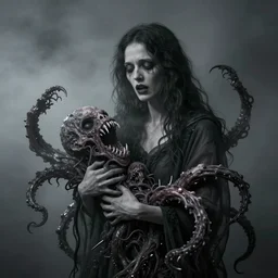 disturbing portrait of a haunted mother driven to despair and madness holding an unspeakable lovecraftian eldritch horror of writhing tentacles and gaping maws full of razor - sharp fangs, studio lighting, soft glow, smoky, monochromatic photo by anne leibovitz