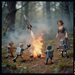 kodak portra 4 0 0, wetplate, muted colours, blueberry, 1 9 3 0 s style, fighting tin toy robots in a forest, fire, motion blur, rockets, bombs, sparks, haze, fog, by georges melies and by britt marling