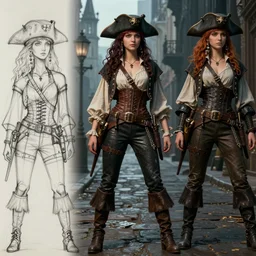 artist reference pictures pose, anatomy skills,sophisticated composition, old masters light composition, procedurally generated, epic anthropomorphic pirate girl character posing for concept art, gothic city streets behind her, costume design from postmodern designers, substance designer, PBR, HD, Ultra detailed, hyperrealistic, megascans, volumetric light, concept by master artist, made in paint tool SAI2, trending pixiv face