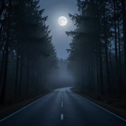 road between tall trees in right corner, dark night, fog, cold light, moon