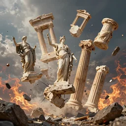 pieces of greek sculptures and archidecture suspended in air, ancient greek ruins and pillars suspended in air, falling from sky, with debris and destruction falling from sky, mid air, debris flying around, swirls of fire