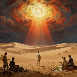 an oasis in the middle of the desert, by Frederic Leighton and Daniel Maclise and Rolf Armstrong and Evelyn De Morgan and Bastien Lecouffe-Deharme, dutch golden age, dramatic lighting, high contrast colors, baroque, empyrean, panoramic view, cgsociety, highly detailed, doom engine,