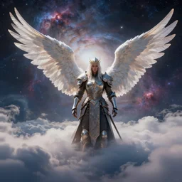 Cloudscape by Adam Paquette, nebula gasses in the background by Gene Raz Von Edler, fantasy warrior with angel wings concept art from deviantart by Donato Giancola, Rendered in Octane, cinematic, Highly Detailed
