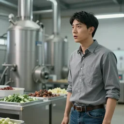 a guy in a grey shirt and blue jeans with black hair and with no facial hair at all looking in the distance to see a food productive factory ( high detailed, greatly illustrated, good quality photo shot, amazed details and uhd cinematic movie shot )