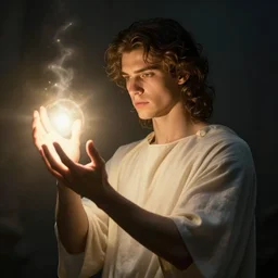 a handsome slender young man with wavy brown hair summons a ball of light into his hand. dramatic. cinematic. holy. saintly. demigod. lord of light. gaston bussiere. geoffroy thoorens