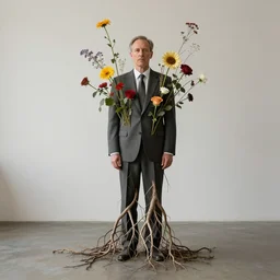 antony gormley, portrait, wearing a suit, centered, with flowers and roots, surreal, by dan mumford