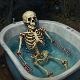 bloody human skeleton in kids pool, oil painting, creepy, darkness, night, fear, crime, painting, goya black paintings style,