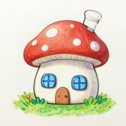 crayon drawing of a cute house with a mushroom shape