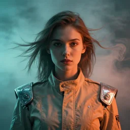 symmetry!!! closeup portrait of a cyborg chef girl, fashion racing jumpsuit with shiny shoulder pads, cinematic light, windy, teal orange, volumetric smoke, mist, by gerald brom, by mikhail vrubel, by peter elson, muted colors, extreme detail, trending on artstation, 8 k