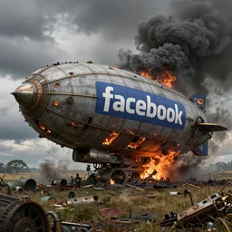 an immense facebook branded steampunk airship heavily branded with huge facebook logo crashed and burning in a field, thick black smoke billowing, turbulent storm clouds, dystopian, sharp focus, octane render, imax