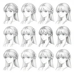 concept art sheet of different female anime!!!!!!!!!!!!!!! hairstyles that are intricate and detailed, artstation, official art, lineart, concept art