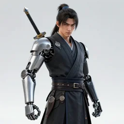 picture of a badass swordsman with a robotic prosthetic arm, sorrounded by demons, short spiky hair, angry look, dark fantasy, manga illustration, by kentario miura