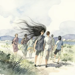 our desperation, selfishness, and our effort to save the world and ourselves in the face of all this modernity stand before us like a lyrical blow of wind, watercolor and pen illustration, by caroline choi