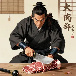angry samurai cutting the beaf