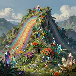 rainbow mountain in peru made of gemstone and crystal and glass, verdant and lush and overgrown colorful foliage, fantasy, intricate, elegant, highly detailed, digital painting, artstation, concept art, matte, sharp focus, illustration, hearthstone, art by artgerm and greg rutkowski and alphonse mucha