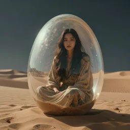 very detailed woman trapped inside a transparent giant egg in a dune desert, beautiful dramatic moody lighting, cinematic atmosphere, volumetric Lighting, by Greg Rutkowski and Grafit Studio, Lee McCall, Patiphan Sottiwilai, Phong Yintion J - Jiang Geping, Pete Mc Nally
