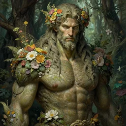 god of the forest, 3 0 years old, rugged, male, gorgeous, detailed face, flowers, amazing, muscular, intricate, highly detailed, digital painting, artstation, concept art, sharp focus, illustration, art by greg rutkowski and alphonse mucha