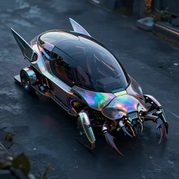 photo of a futuristic pod organic vehicle with aerodynamic fins, box - shaped dark glass and plastic, venturi tunnels, neon lights, stag beetle shape, octane render, iridescent skin