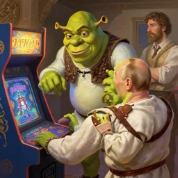 moroccan shrek plays arcade game with vladimir putin, highly detailed, digital painting, artstation, concept art, smooth, sharp focus, illustration, art by artgerm and greg rutkowski and alphonse mucha