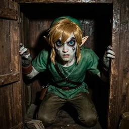grainy photo of link a creepy monster in a closet, harsh flash