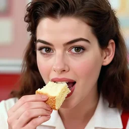 closeup face portrait of a tin toy anne hathaway eating cakes in a 1 9 5 0 s diner, by nicoletta ceccoli, mark ryden, lostfish, max fleischer, depth of field, detailed and intricate environment, 8 k resolution, hyperrealistic, octane render