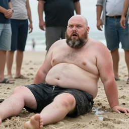 obese ethan van sciver with a bald head and grey trimmed beard has washed up on a beach, horrified onlookers gasp